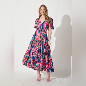 White Closet Elements Colorful Abstract Print Tiered Midi Dress Small